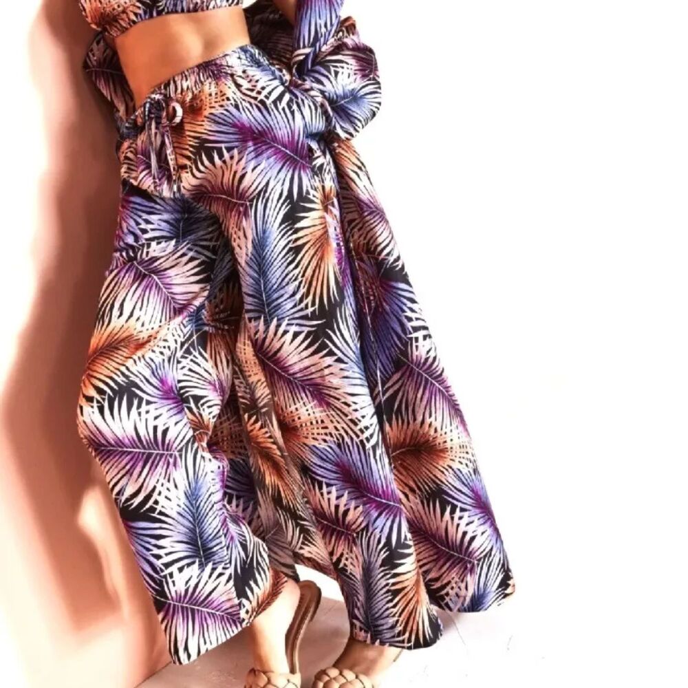 Tropical Print Wide-Leg Pants - Purple & Orange